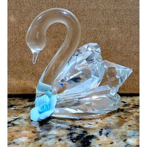 Crystal Swan Figurine Blue Flower Accent Sparkling Glass Bird Sculpture